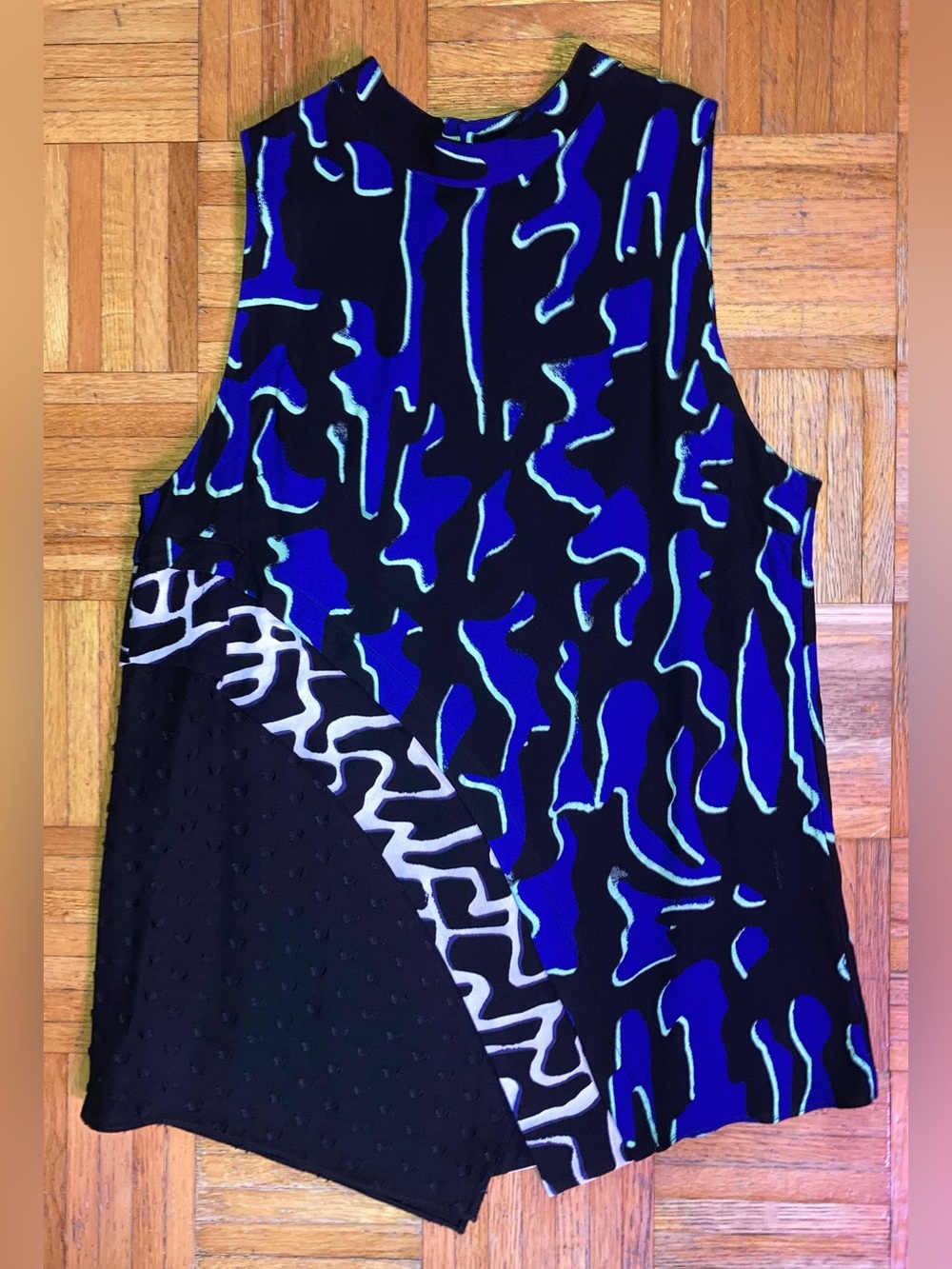 Proenza Schouler Black Blue White Abstract Print Sleeveless Viscose Top/Tunic 8